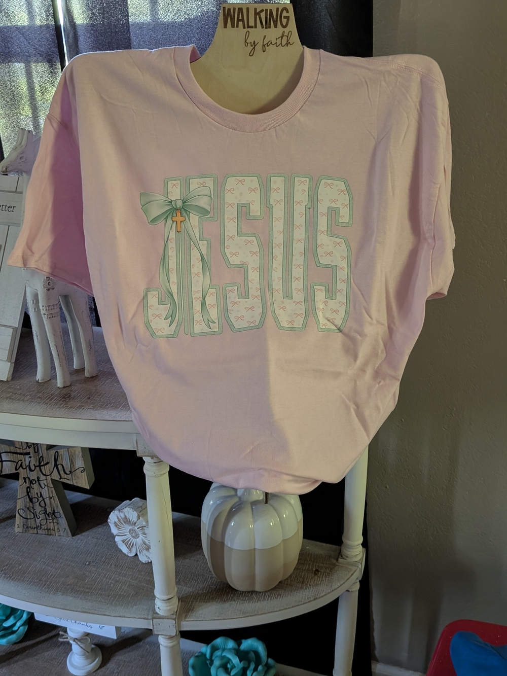 Gildan Pink JESUS Graphic Tee with Mint Bow Accent
